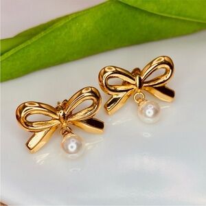 Gold Bow Stud Earrings with Pearl Drop